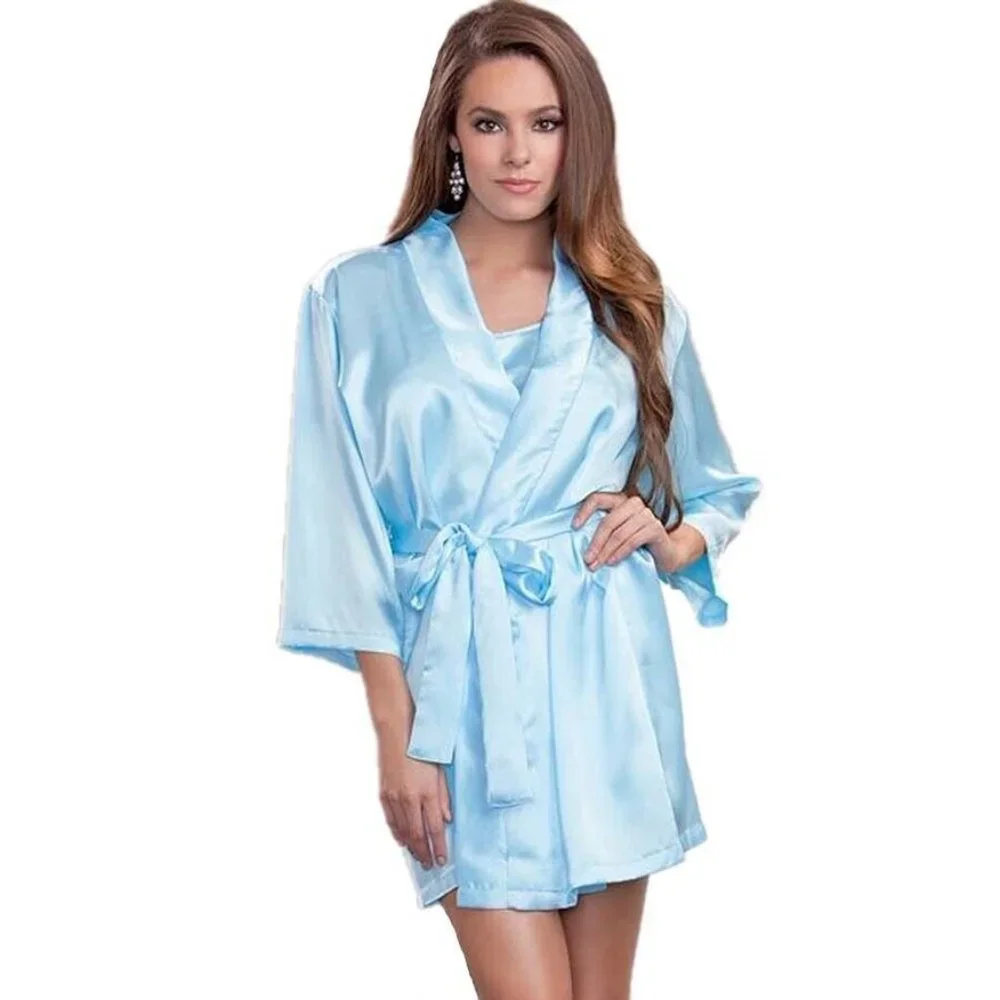 Satin Robe with Matching Sash Belt Womens L/XL Light Blue Sleepwear - Picture 5 of 7